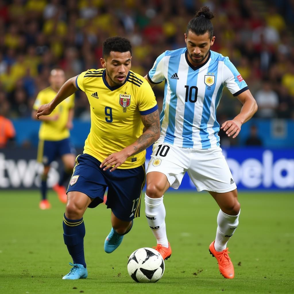 Colombian and Argentinian players battling for the ball