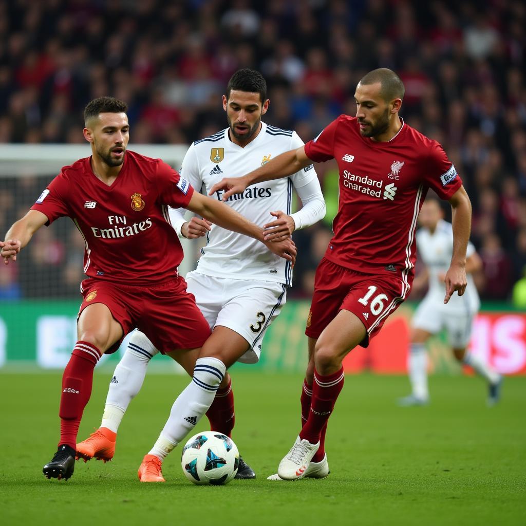 Real Madrid and Liverpool players battling for the ball during the Champions League final in Kiev, 2018