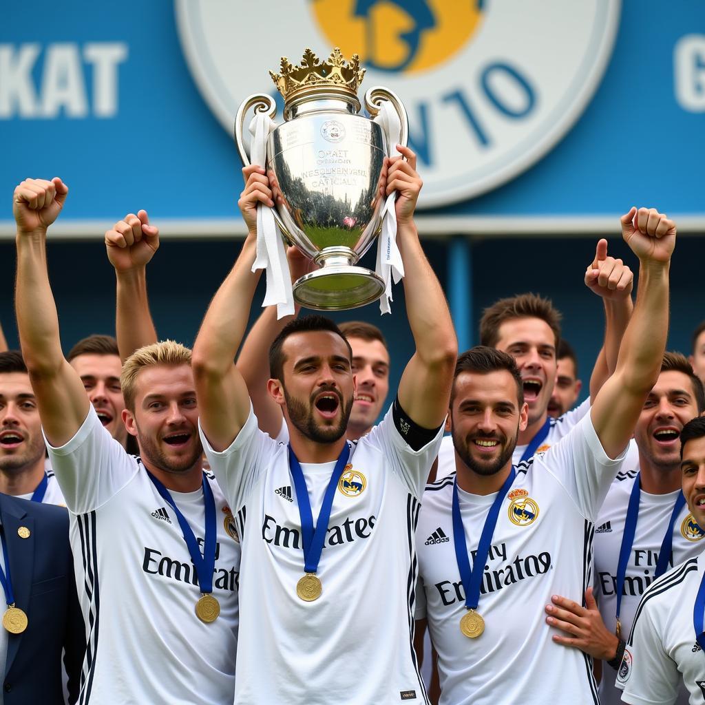 Real Madrid Players Celebrate with the Champions League Trophy