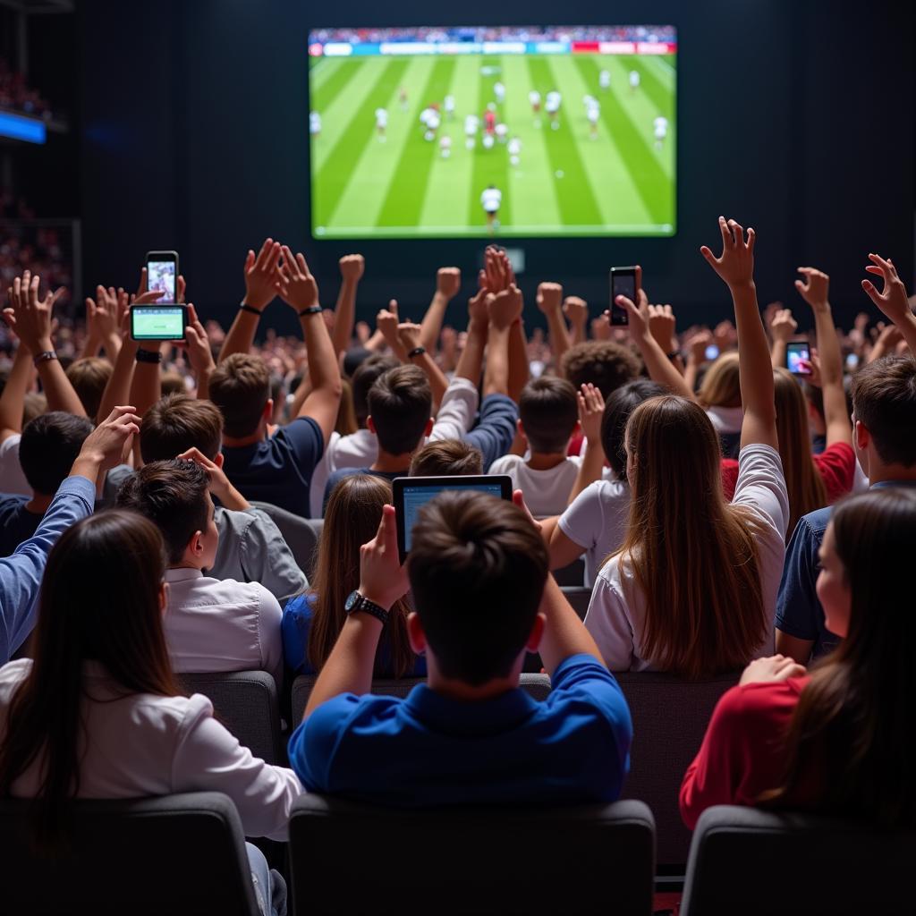 Fans watching championship football on their devices.