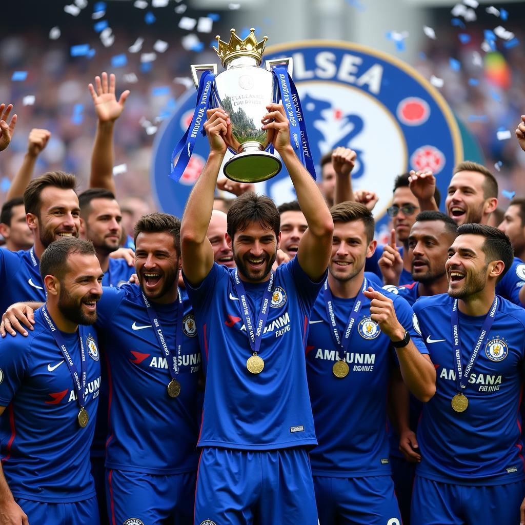 Chelsea players celebrating their Premier League victory