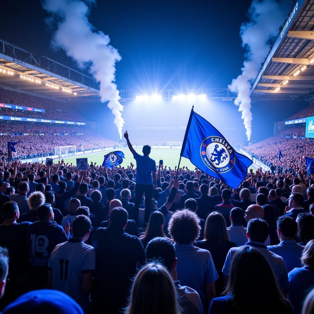 Chelsea fans cheering at Stamford Bridge