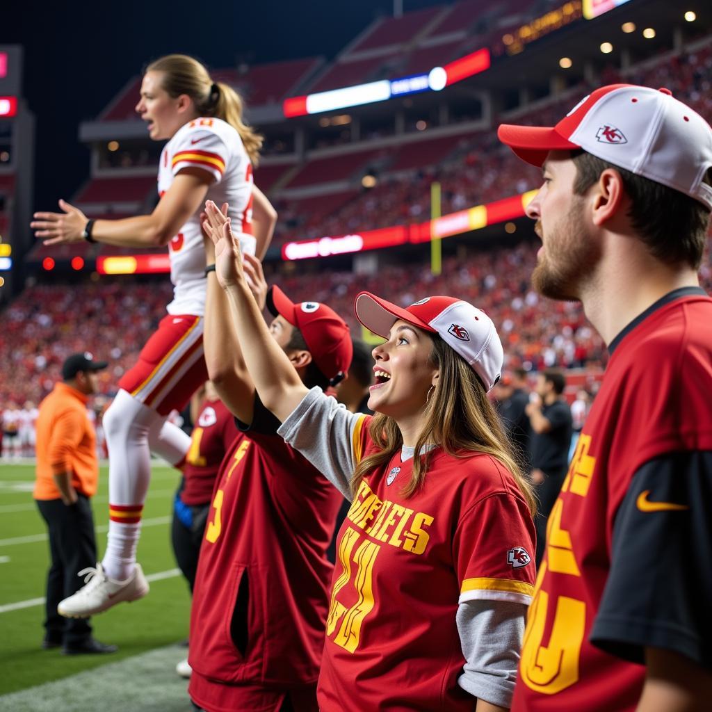 Kansas City Chiefs fans celebrate a touchdown at a packed Arrowhead Stadium.