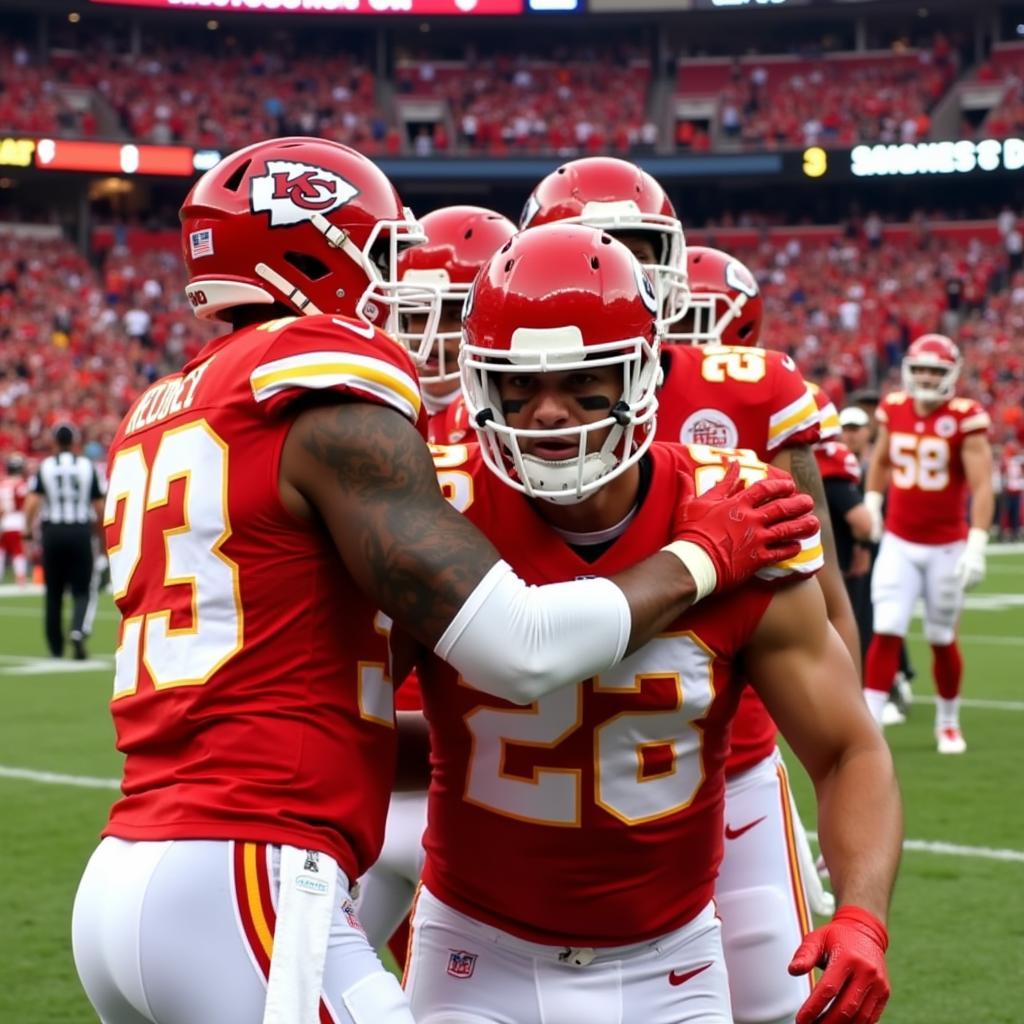 Kansas City Chiefs tight end Travis Kelce celebrates a touchdown with teammates.