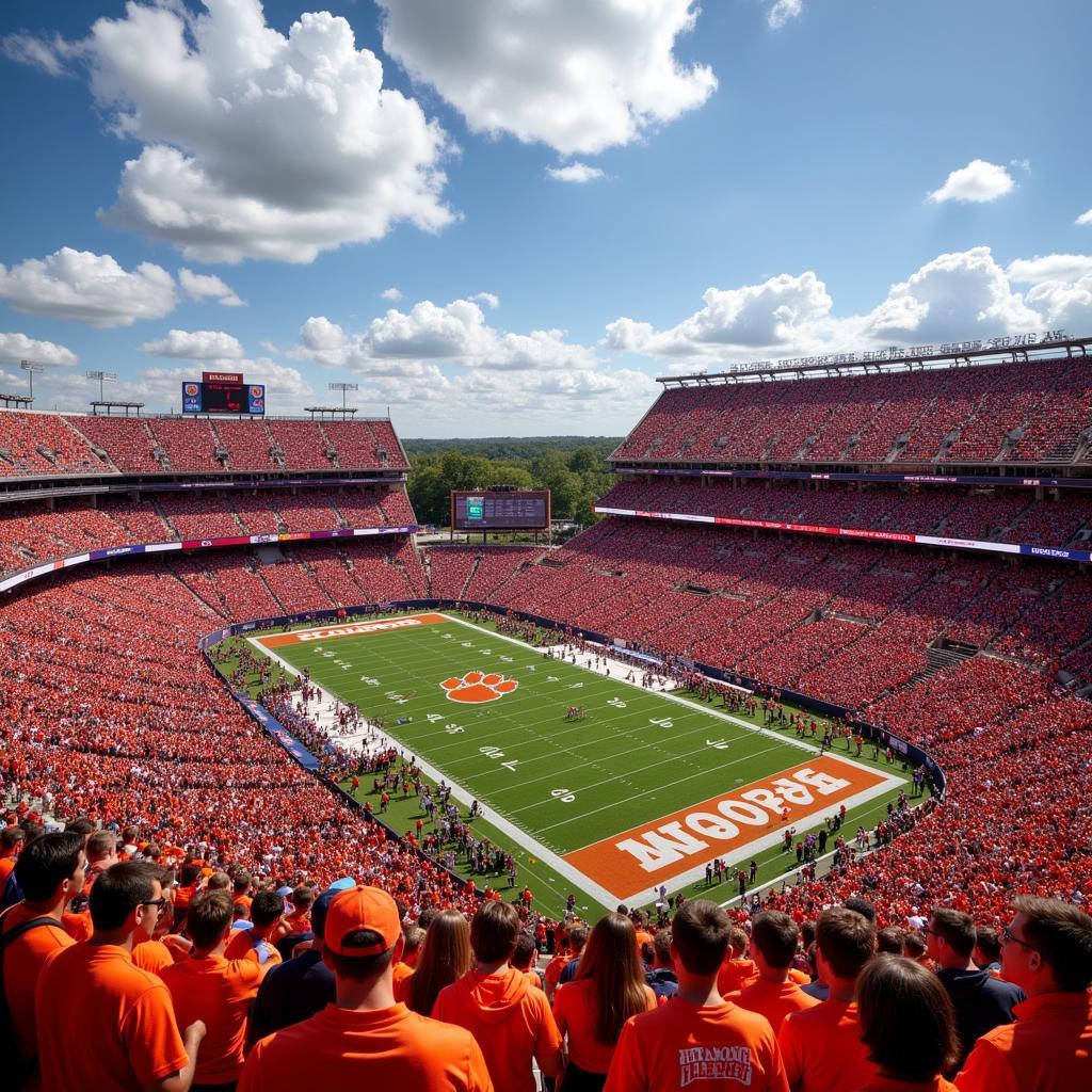 A sea of orange-clad Clemson fans cheering enthusiastically in the stands of Memorial Stadium