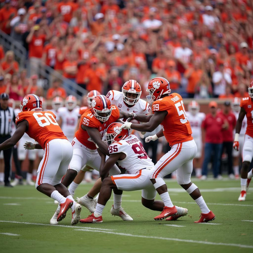 Clemson football players battling it out on the field during a live game