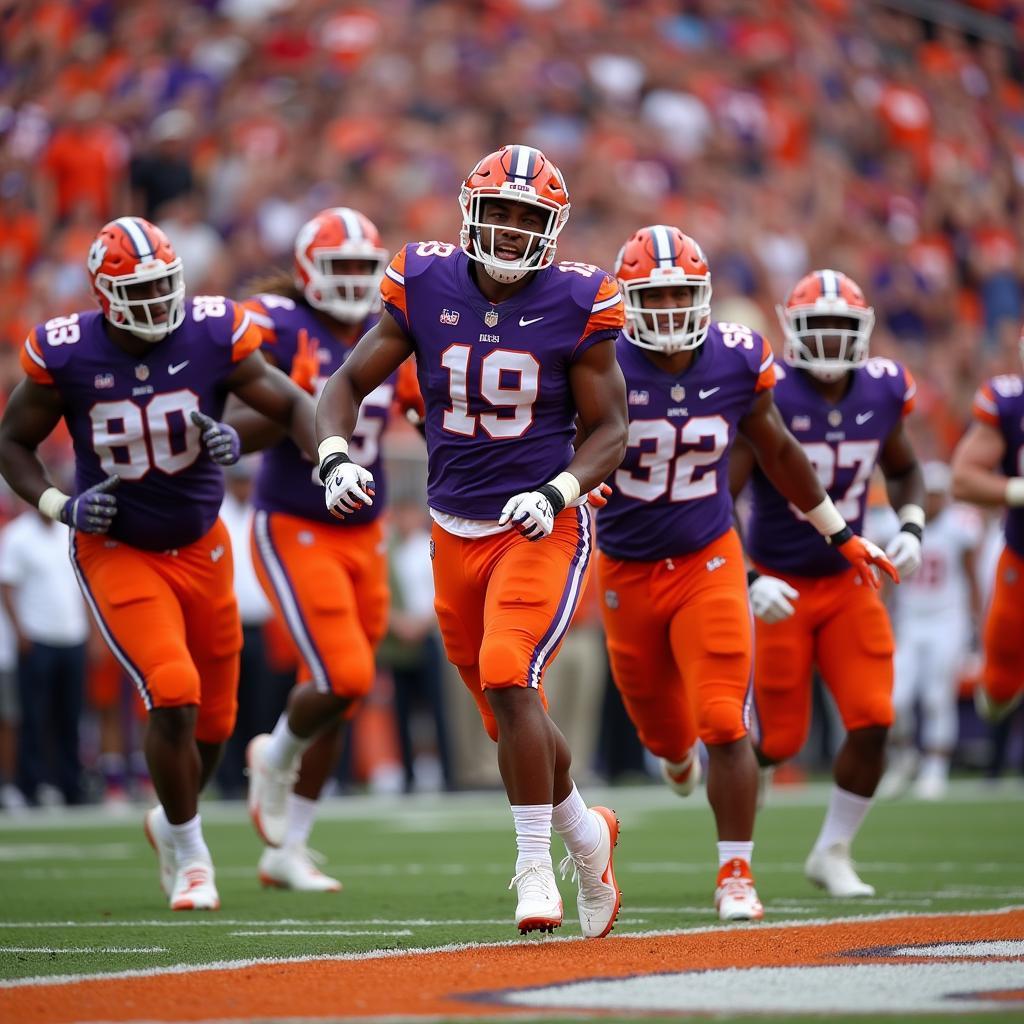 A Clemson player celebrates a touchdown with teammates, showcasing the team spirit and joy of victory