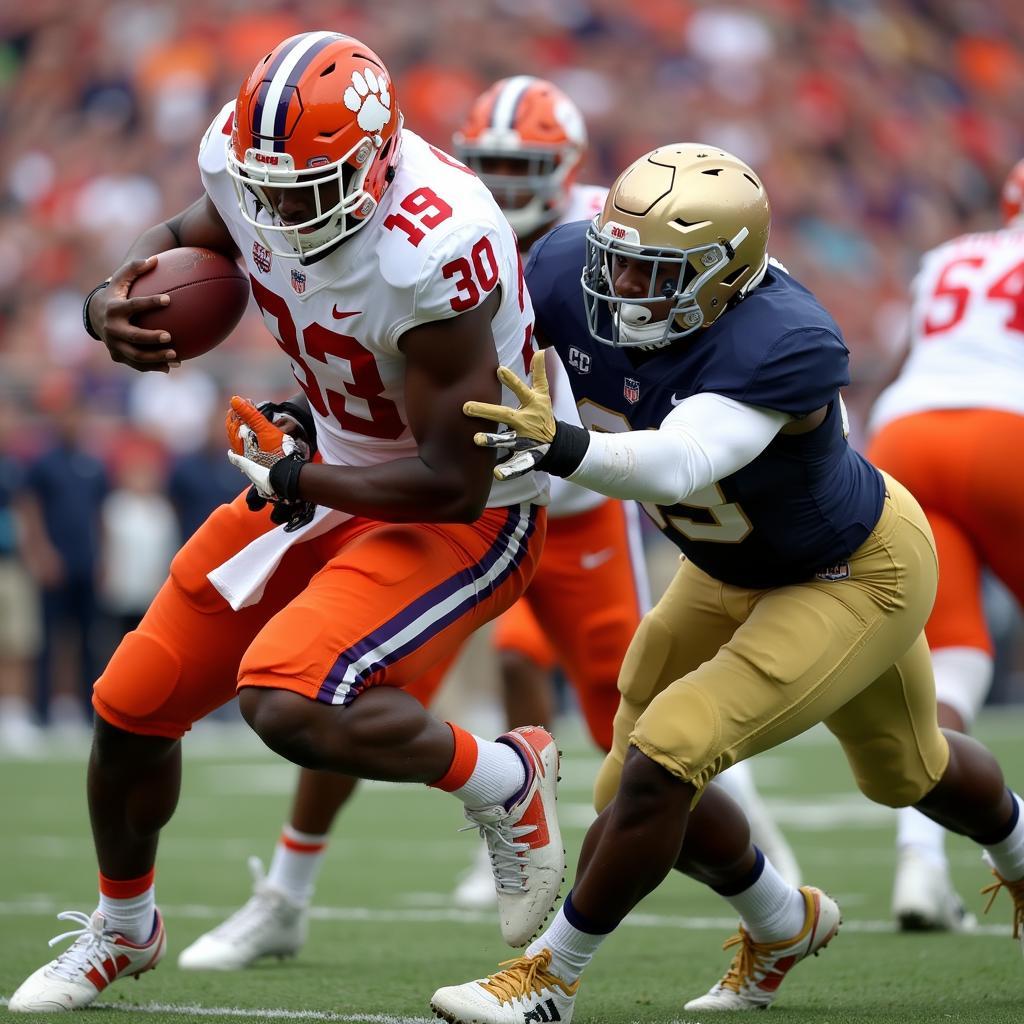 Clemson and Notre Dame players battling for the ball