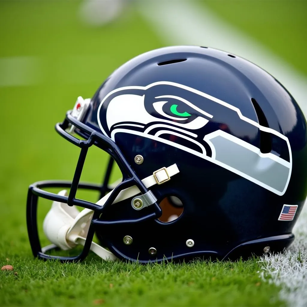 Close-up of a Seattle Seahawks helmet on the field