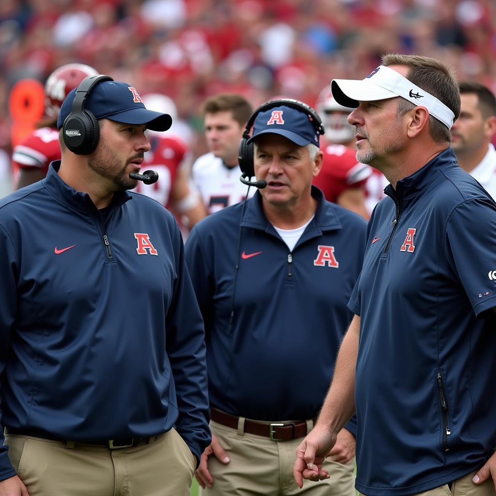 College football coaches strategizing on the sidelines during a game