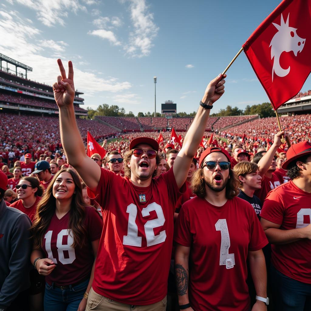 College football fans cheering enthusiastically in a packed stadium