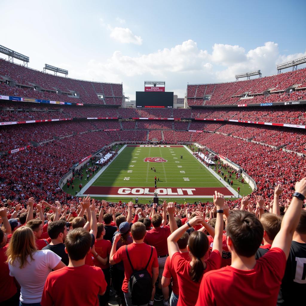 Excited college football fans cheering in the stadium