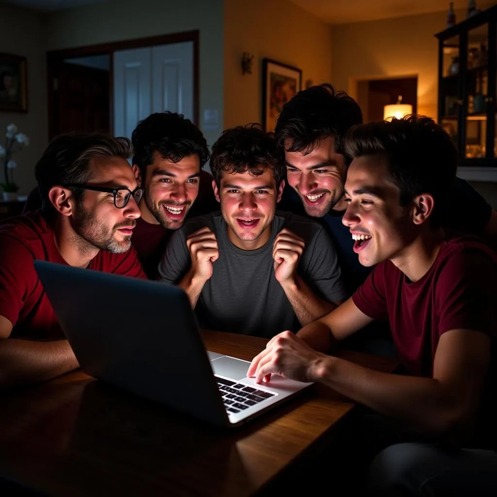 College football fans watching a game on a laptop