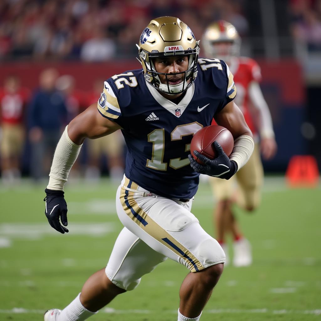 A college football player running into the endzone for a touchdown