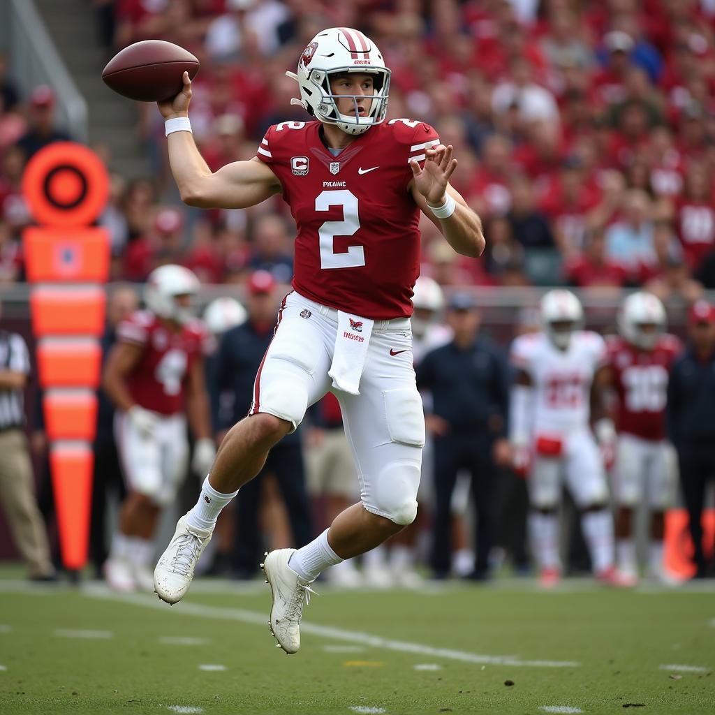 College football quarterback throws a pass