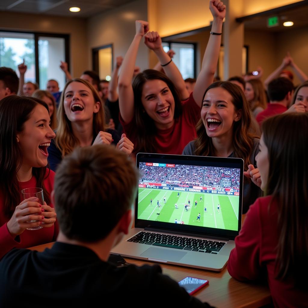 College of the Redwoods fans cheering while watching the live stream