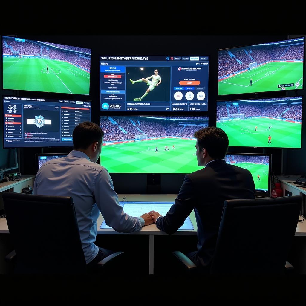 Commentator Using Technology During Live Football Broadcast