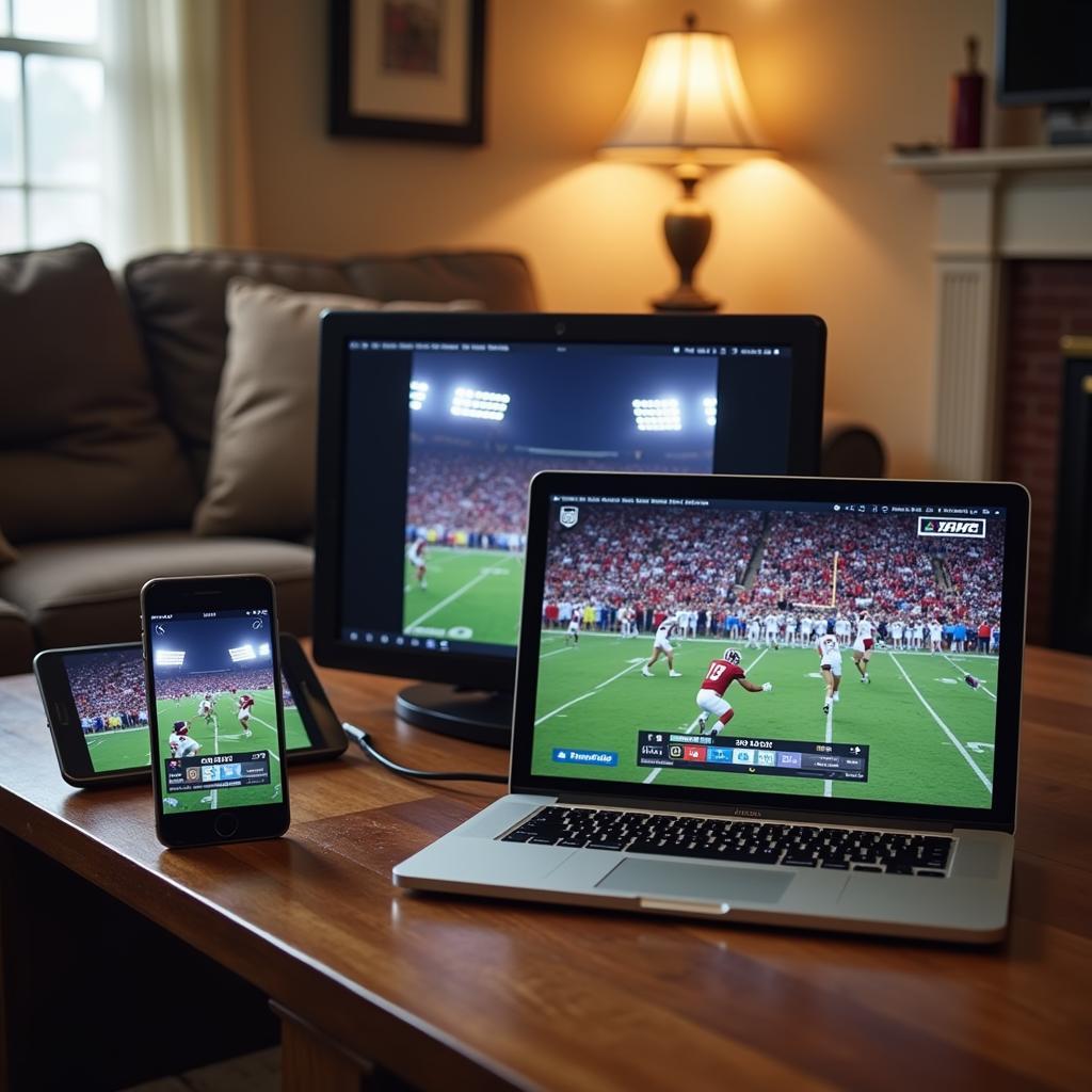 People watching Covenant Christian football live stream on various devices including phone, laptop, and tablet