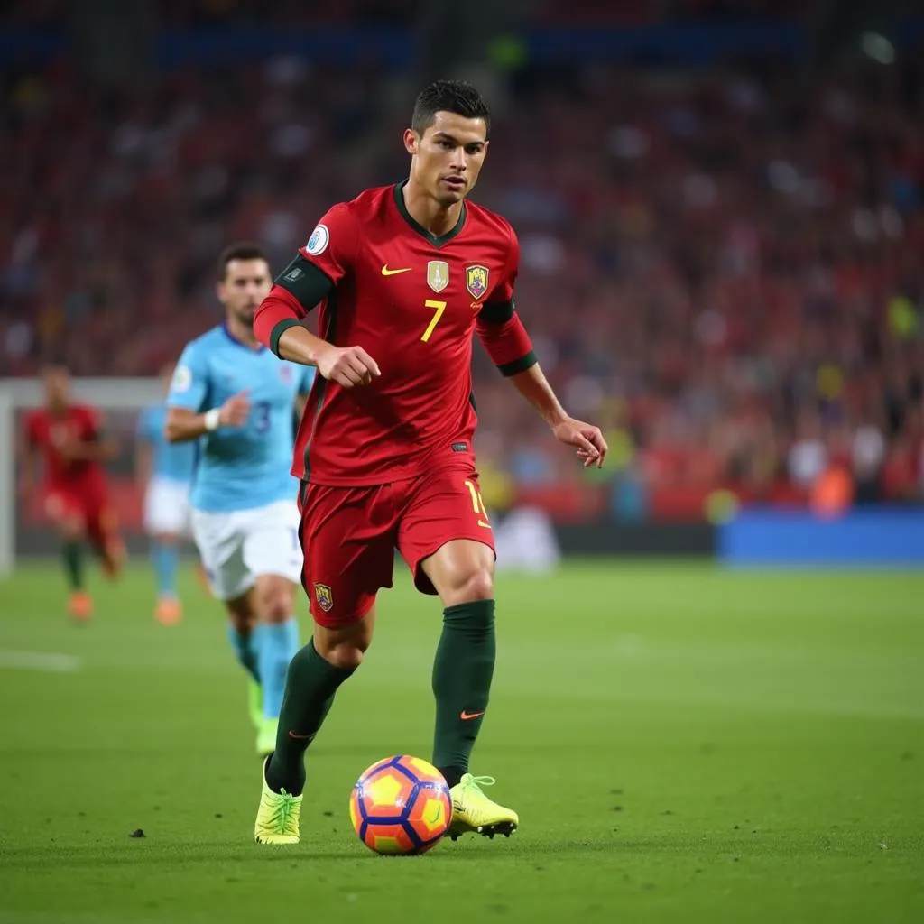 Cristiano Ronaldo điều khiển bóng trong trận đấu được phát trực tiếp