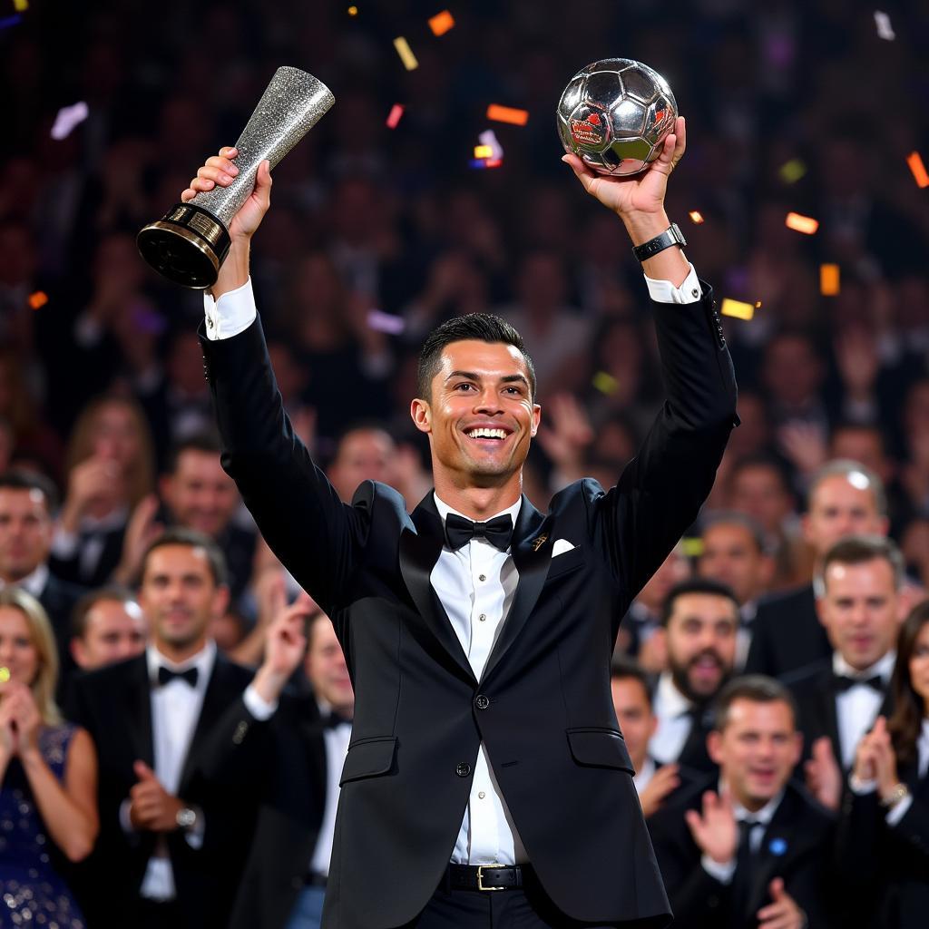 Cristiano Ronaldo lifting The Best FIFA Men's Player award