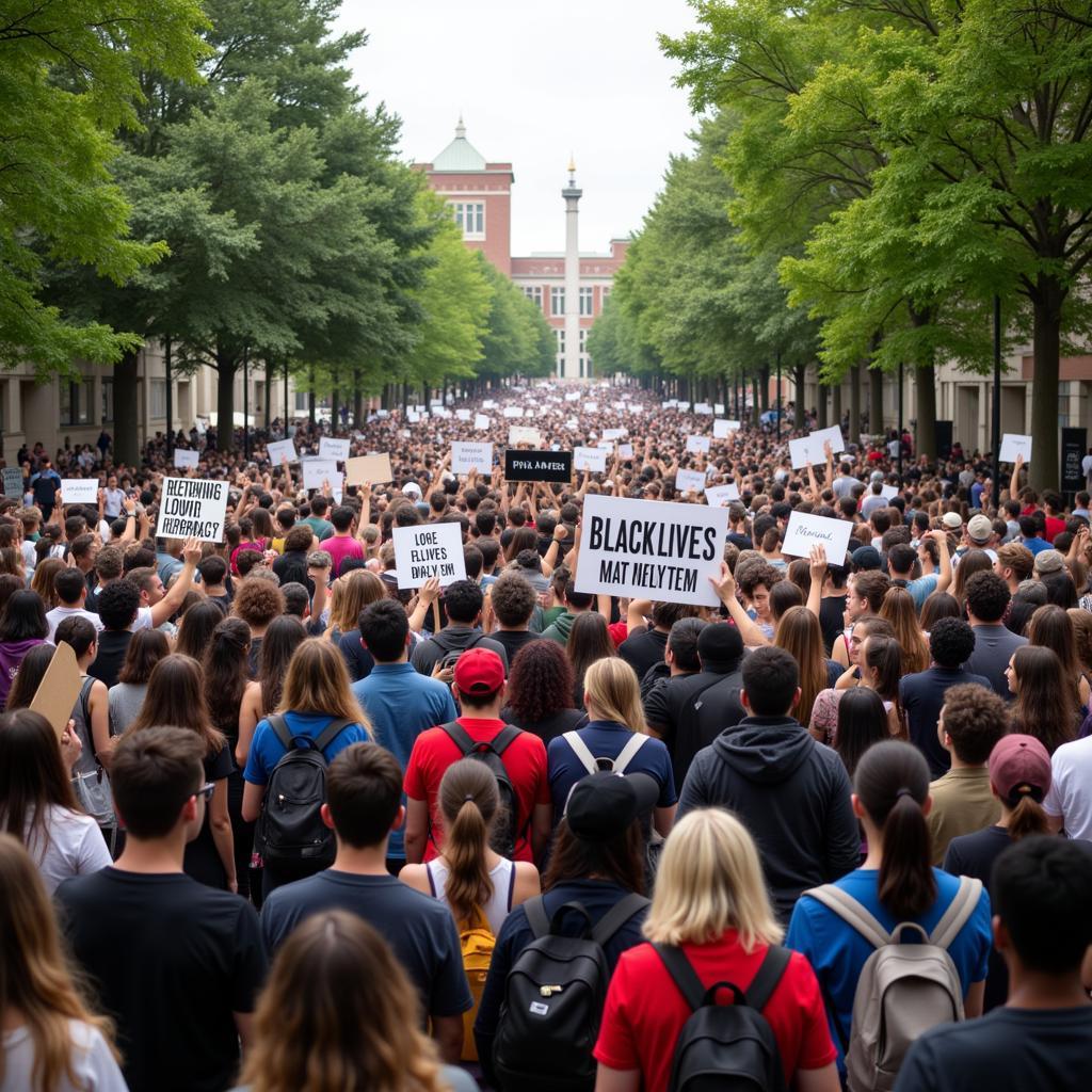 Students and community members participating in a Black Lives Matter protest on a college campus