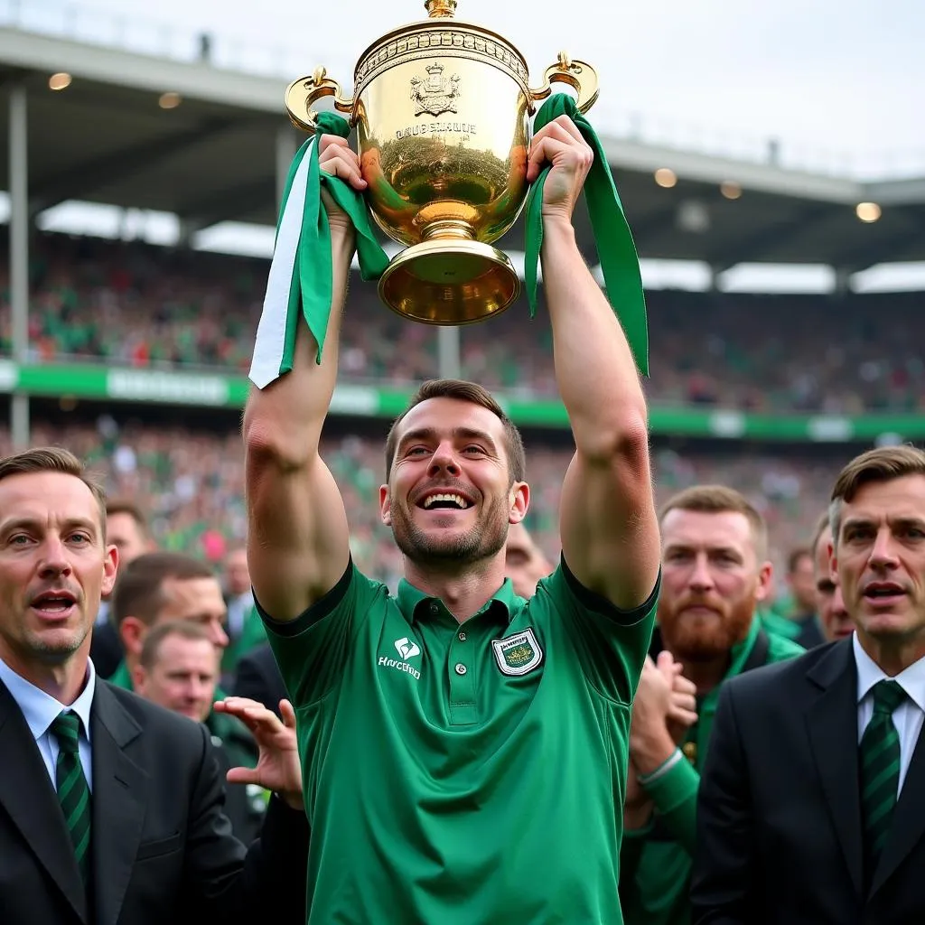 Dublin captain Stephen Cluxton hoists the Sam Maguire Cup after winning the 2019 All Ireland Football Final.