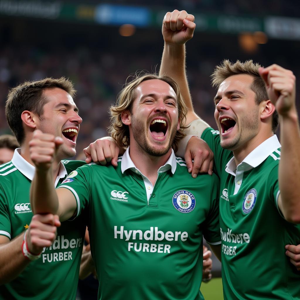 Jubilant Dublin players celebrate their historic three-in-a-row victory in the 2017 All Ireland Football Final.