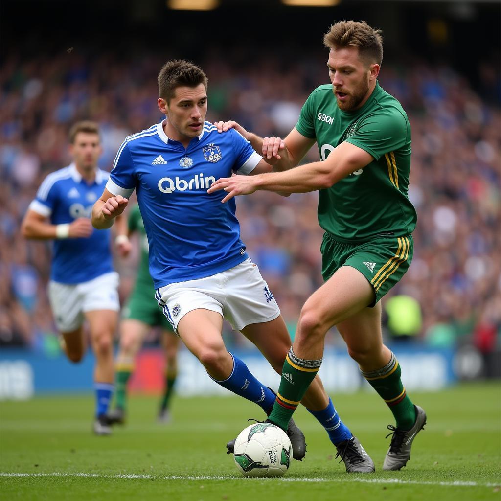 Dublin and Mayo players battle for possession during the intense 2017 All Ireland Football Final.