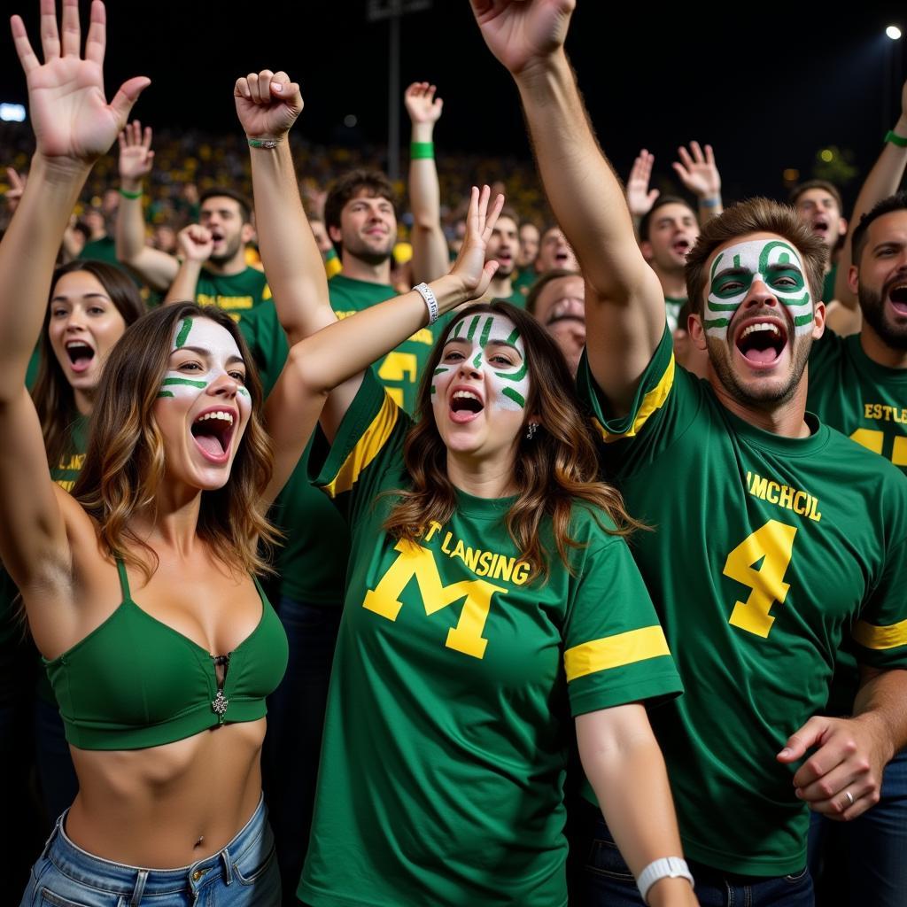 Group of East Lansing Michigan Football fans celebrating a touchdown