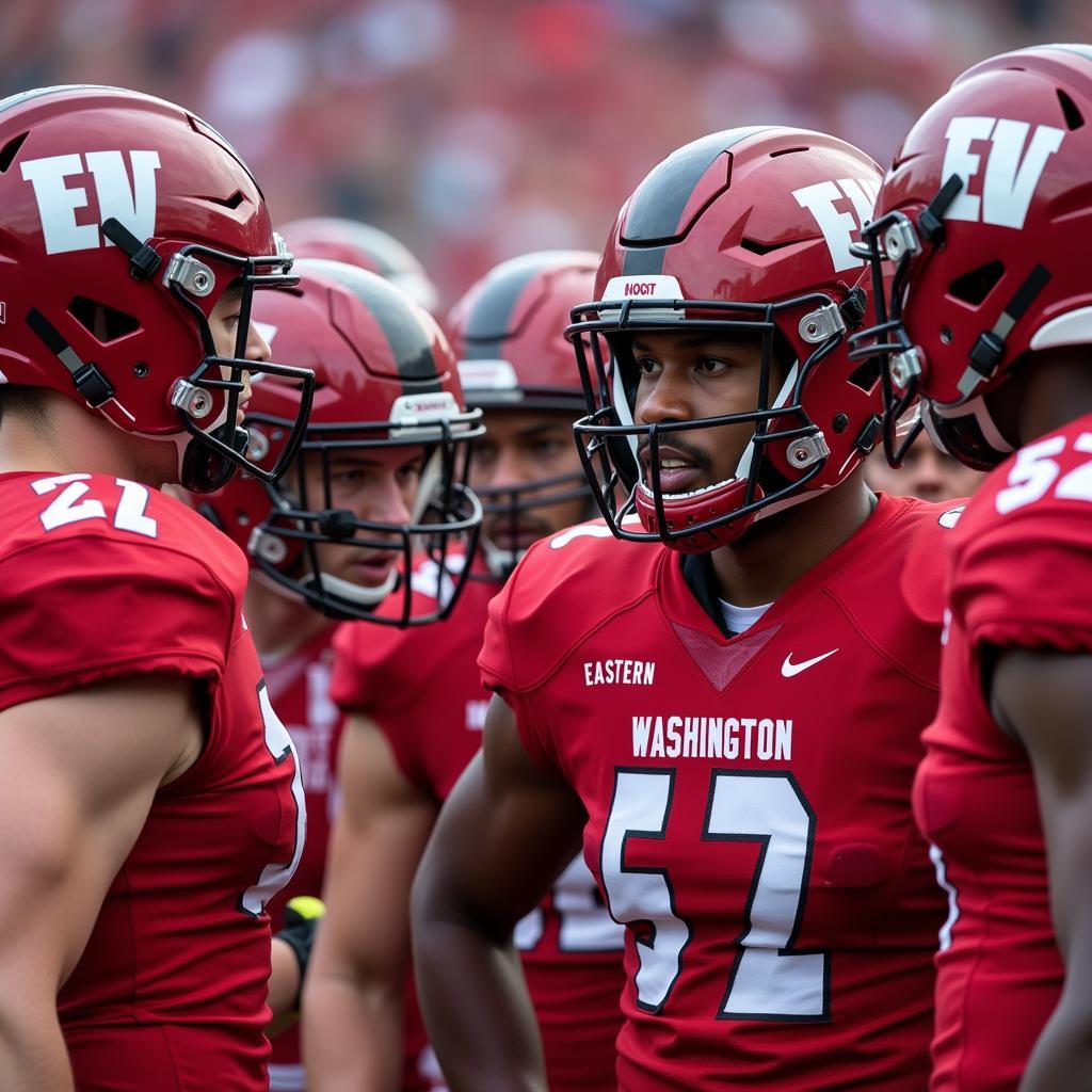 Eastern Washington football players in a huddle