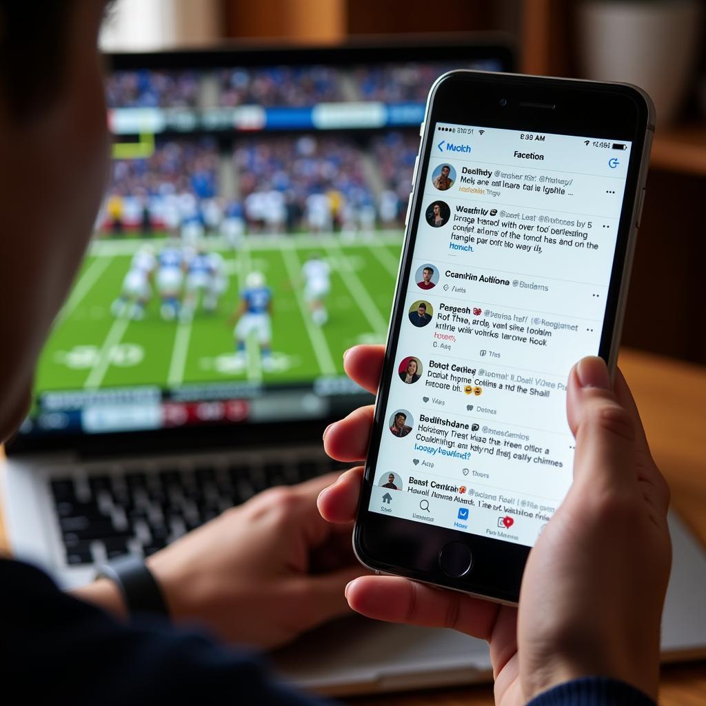 A person using their phone to engage with college football content on social media