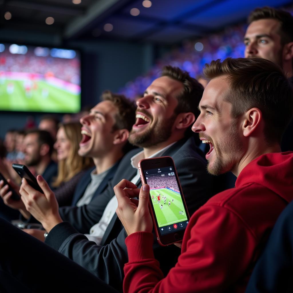 England fans watching live football on their mobile devices and cheering