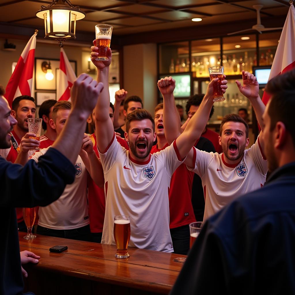 England football fans celebrating a victory in a pub