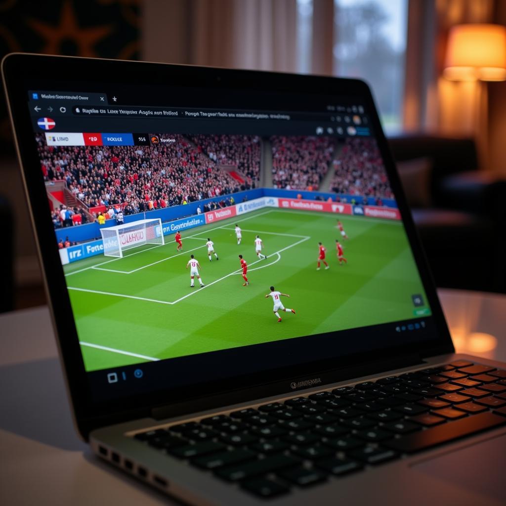 Streaming England football match on a laptop