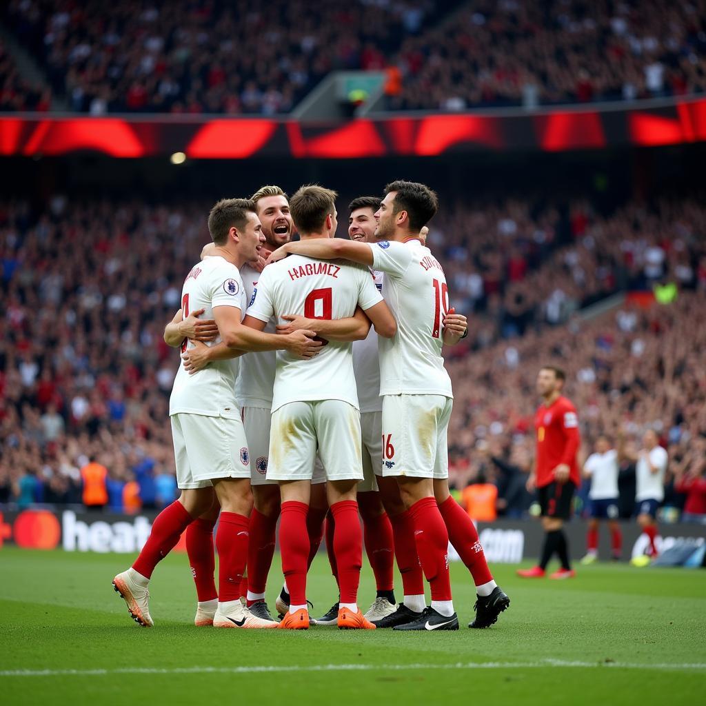 England national team celebrating a goal in a packed stadium