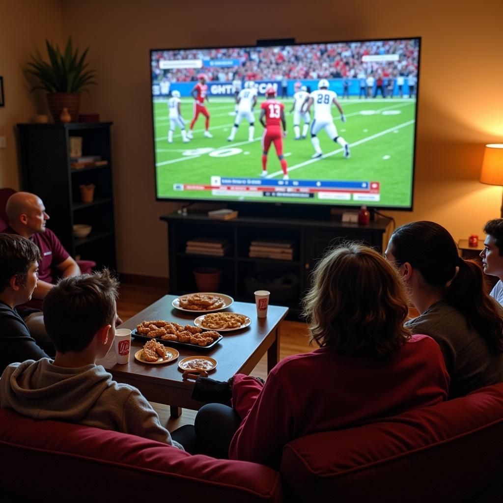 A group of friends enjoying a Bethel TN football live stream on a large screen TV with snacks and drinks.