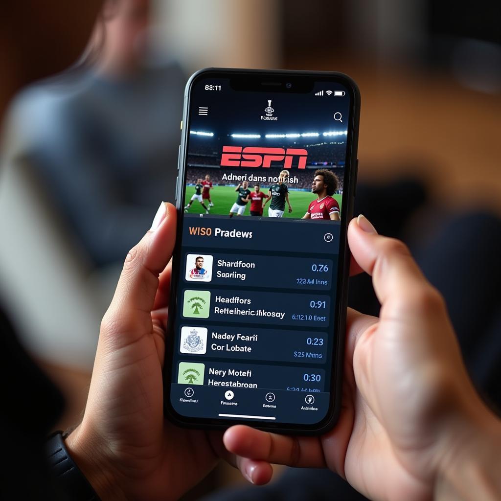 Close-up of ESPN Mobile App Showing Live Football Match Schedule