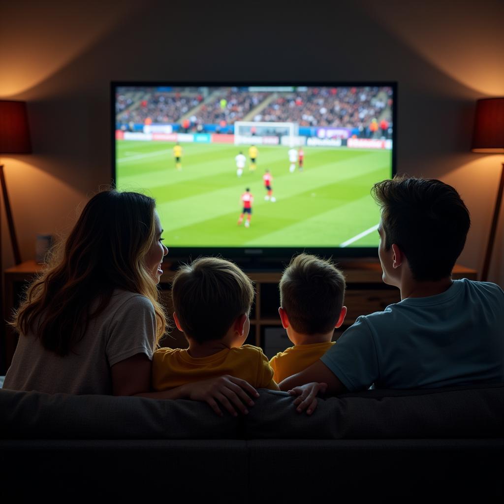 Family watching live football on TV