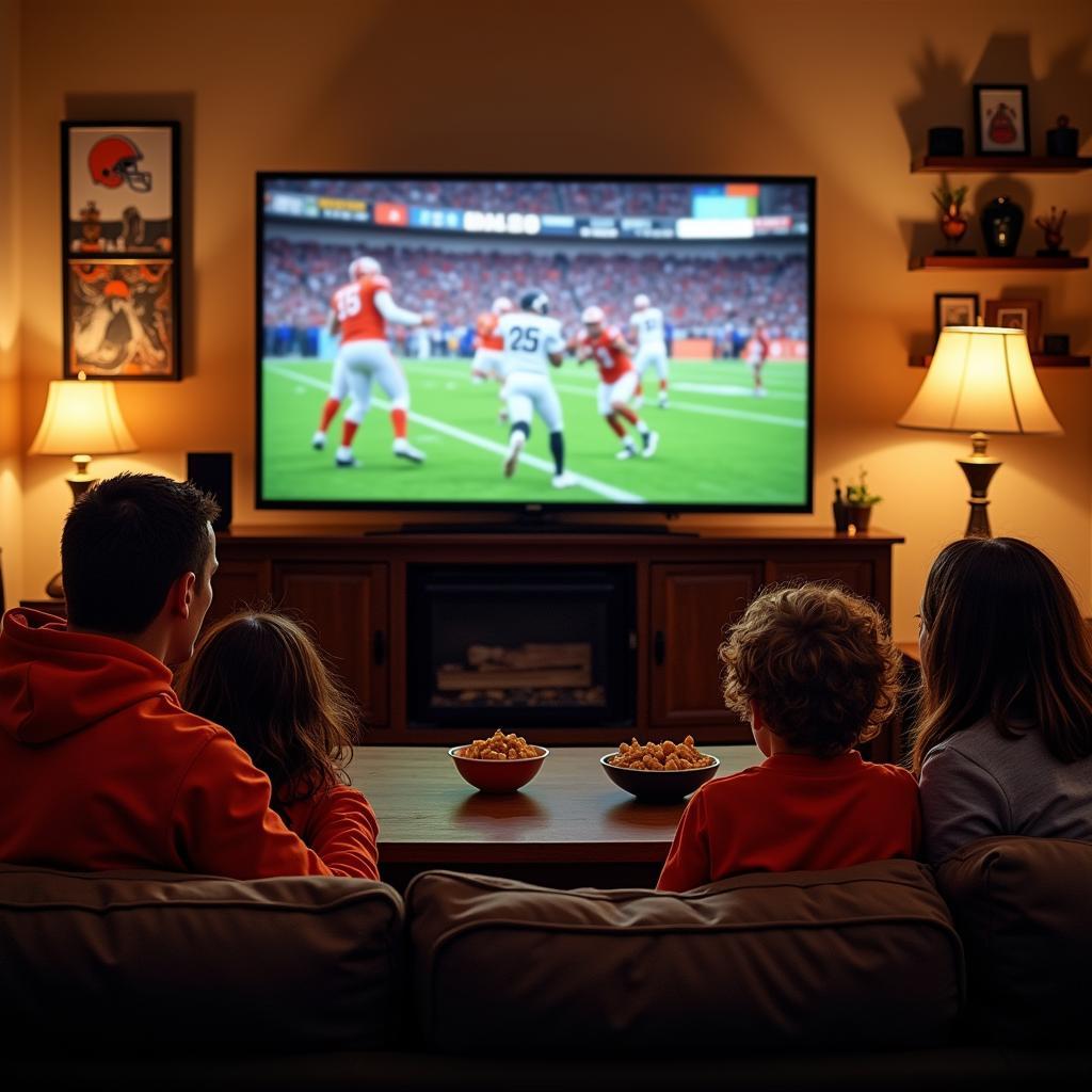 Family gathered around a TV watching a Brown Deer Falcons football live stream