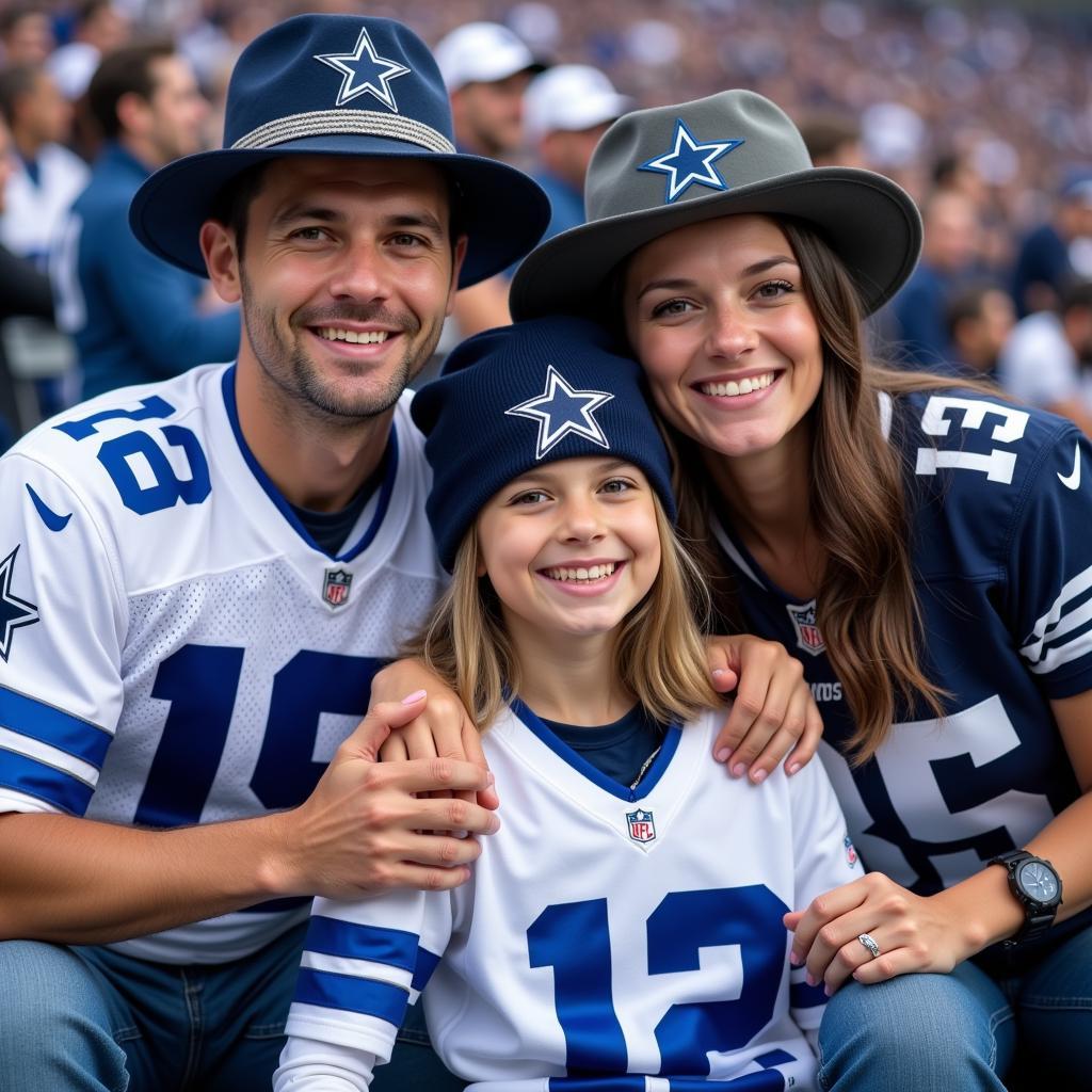 A family dressed in Dallas Cowboys gear at a game