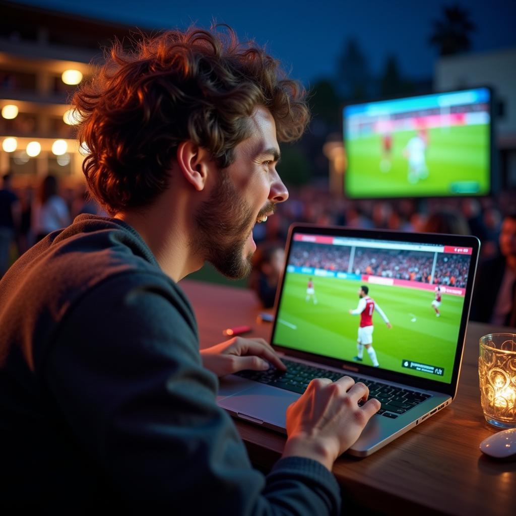 Fan Celebrating Goal While Watching Live Football Stream