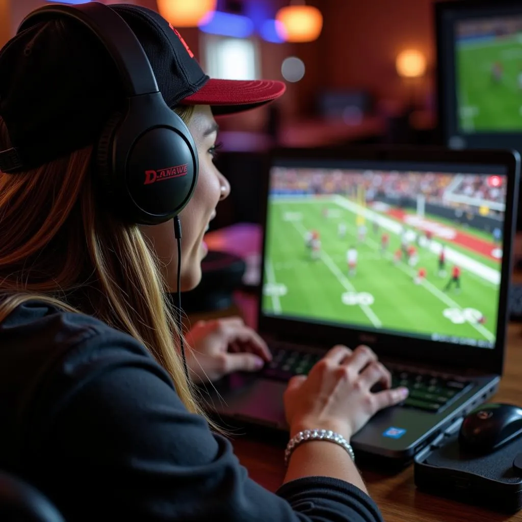 Fan Enjoying Doane University Football Live Stream on Laptop