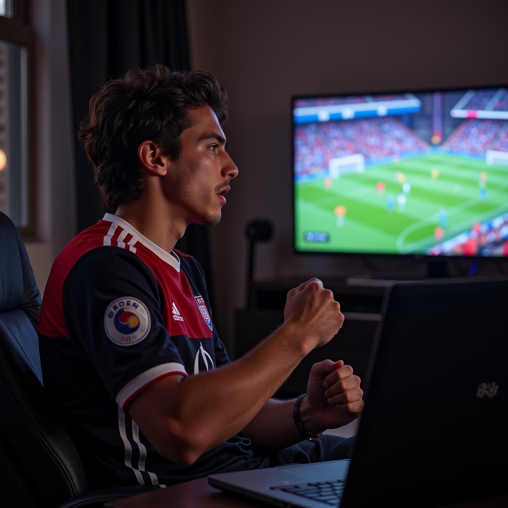 Excited fan watching a football live match cast on his laptop