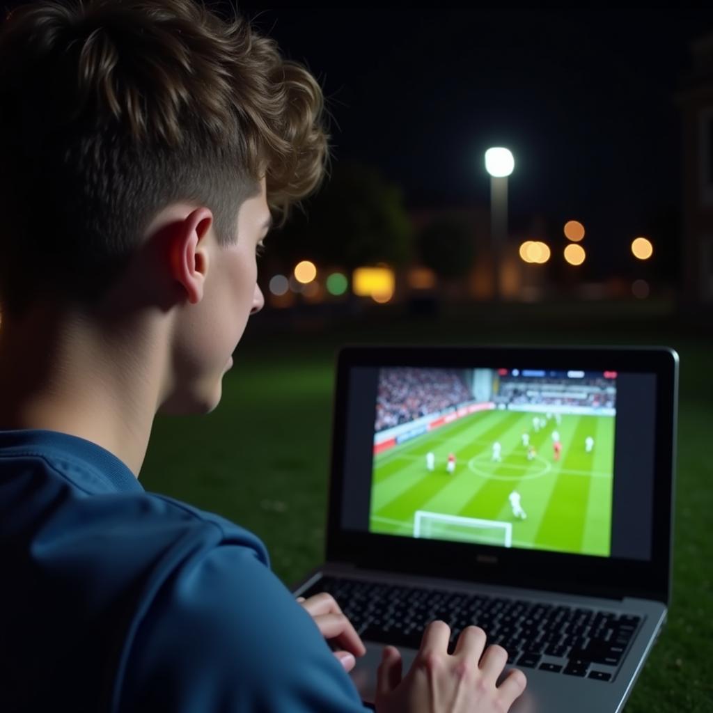 Excited fan watching football live stream on his laptop