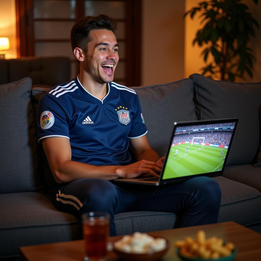 Football Fan Watching Live Match on Laptop