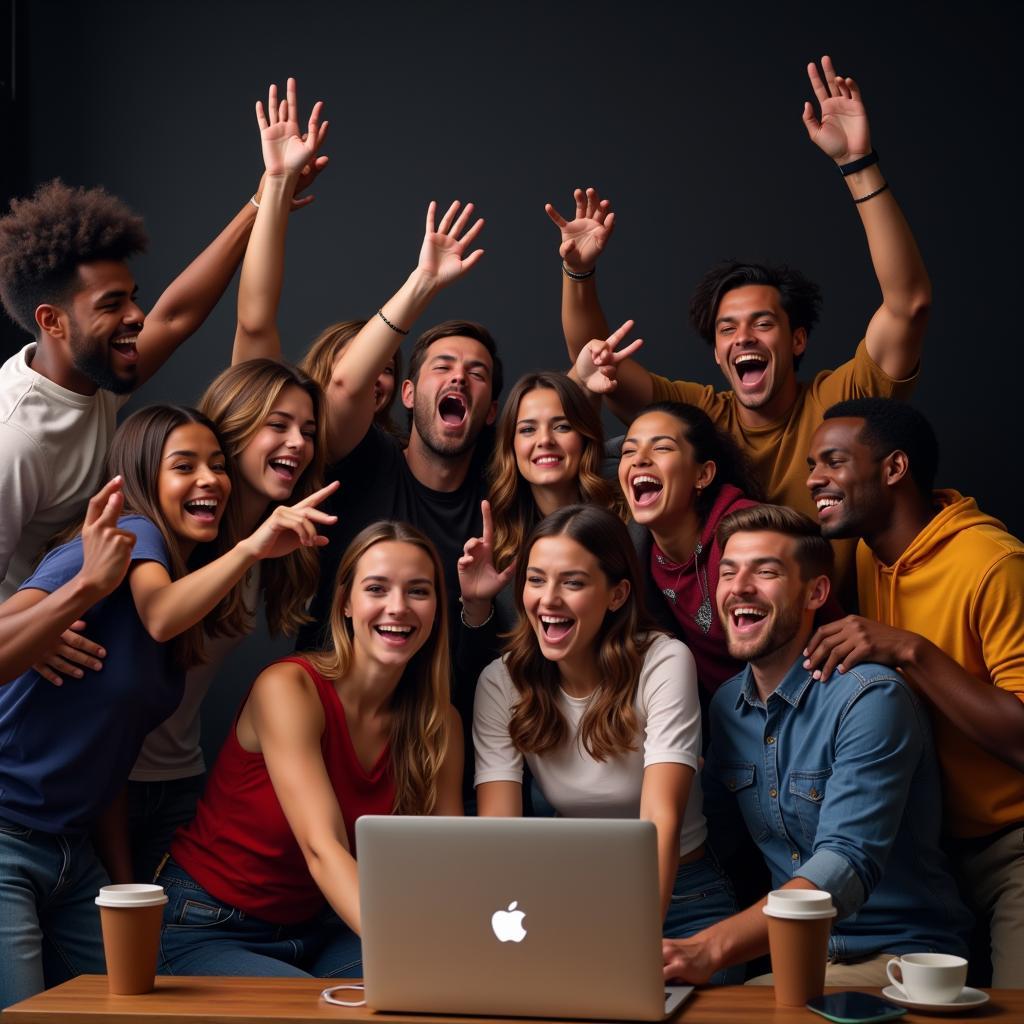 Group of friends ecstatically celebrating an AFL goal during a live stream