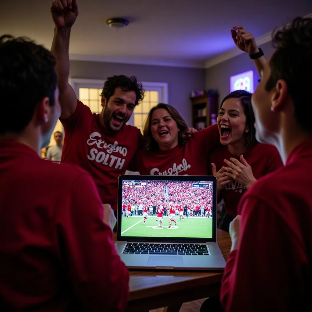 Ecstatic fans erupting in celebration after a Fresno State touchdown while watching the live stream