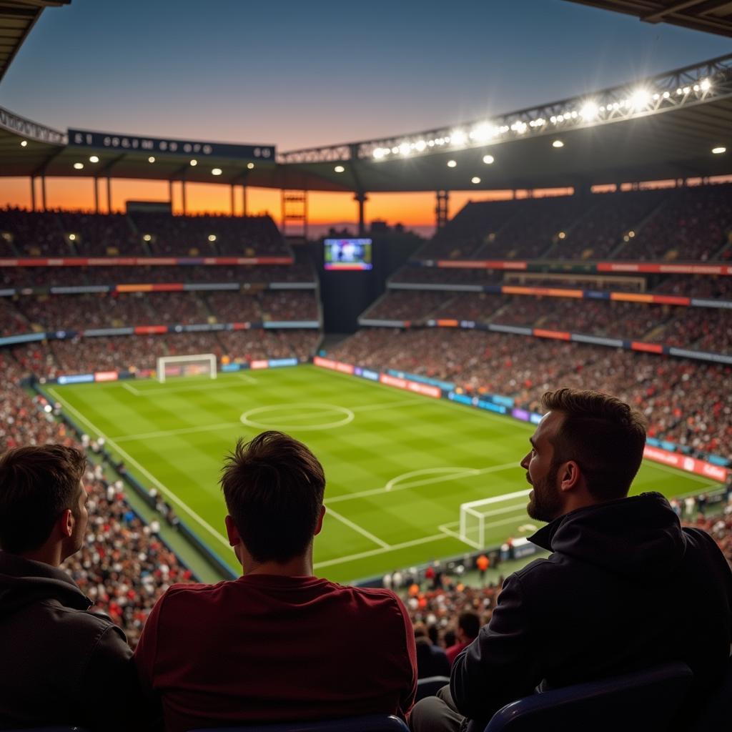 Group of friends ecstatically celebrating a goal while watching football on TV