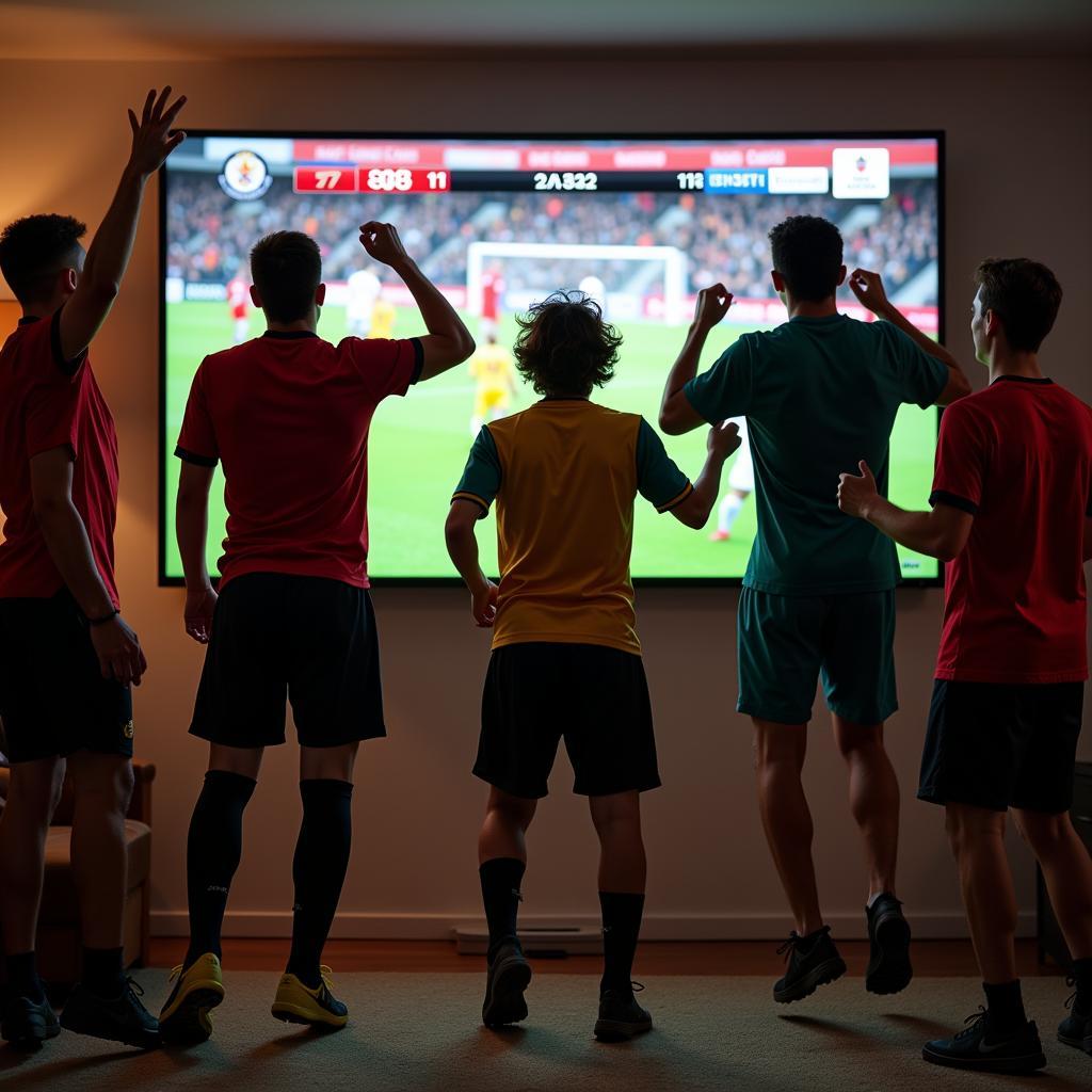 Group of friends celebrating a goal while watching a football match