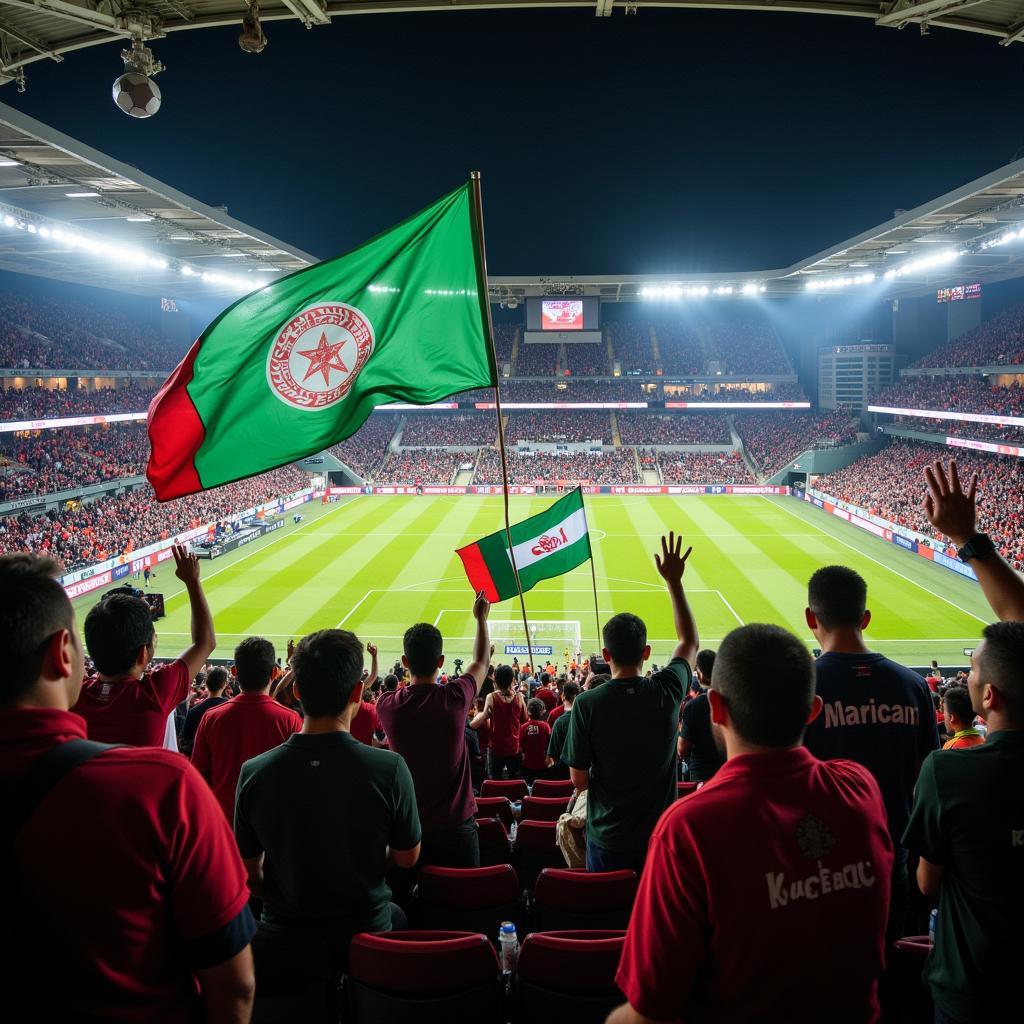 Football fans cheering their team in a packed stadium.